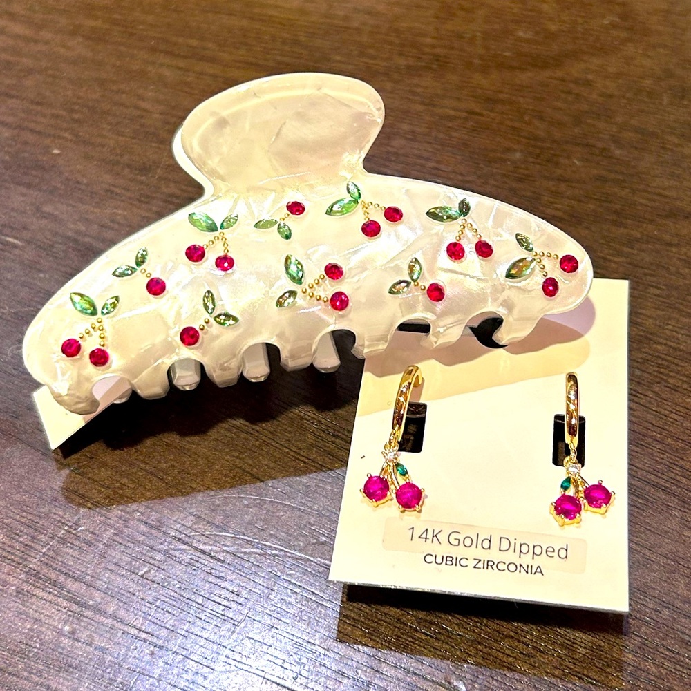 Claw clip + earrings CHERRIES
